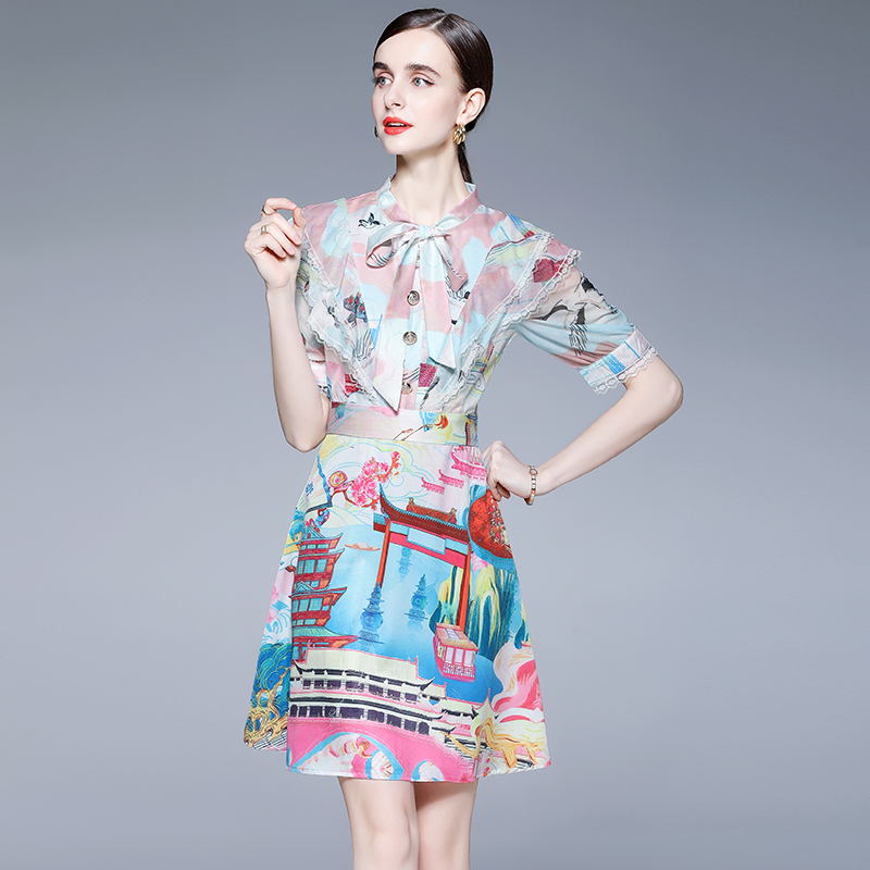CM-DY023219 Women Elegant European Style Bow Collar Neckline Half Sleeve Mini Dress