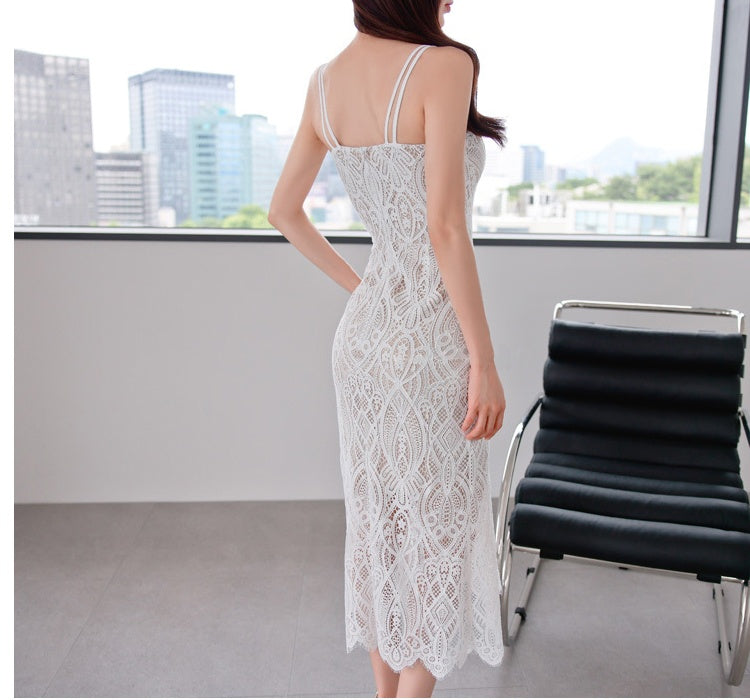 CM-DY024040 Women Elegant Seoul Style Sleeveless Jacquard Lace Slim Midi Dress - White