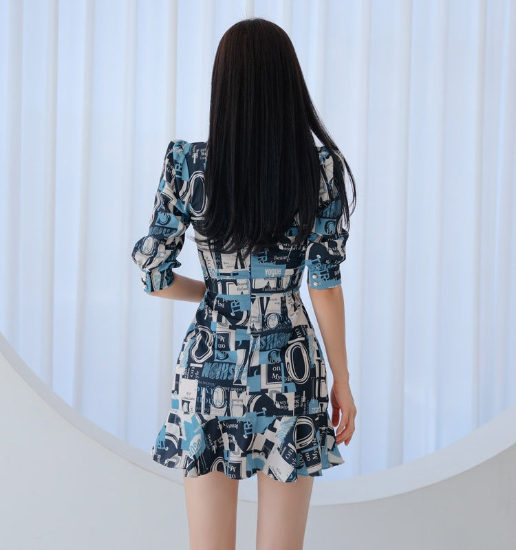 CM-DY024041 Women Casual Seoul Style V-Neck 3/4 Sleeve Ruffle Mini Dress