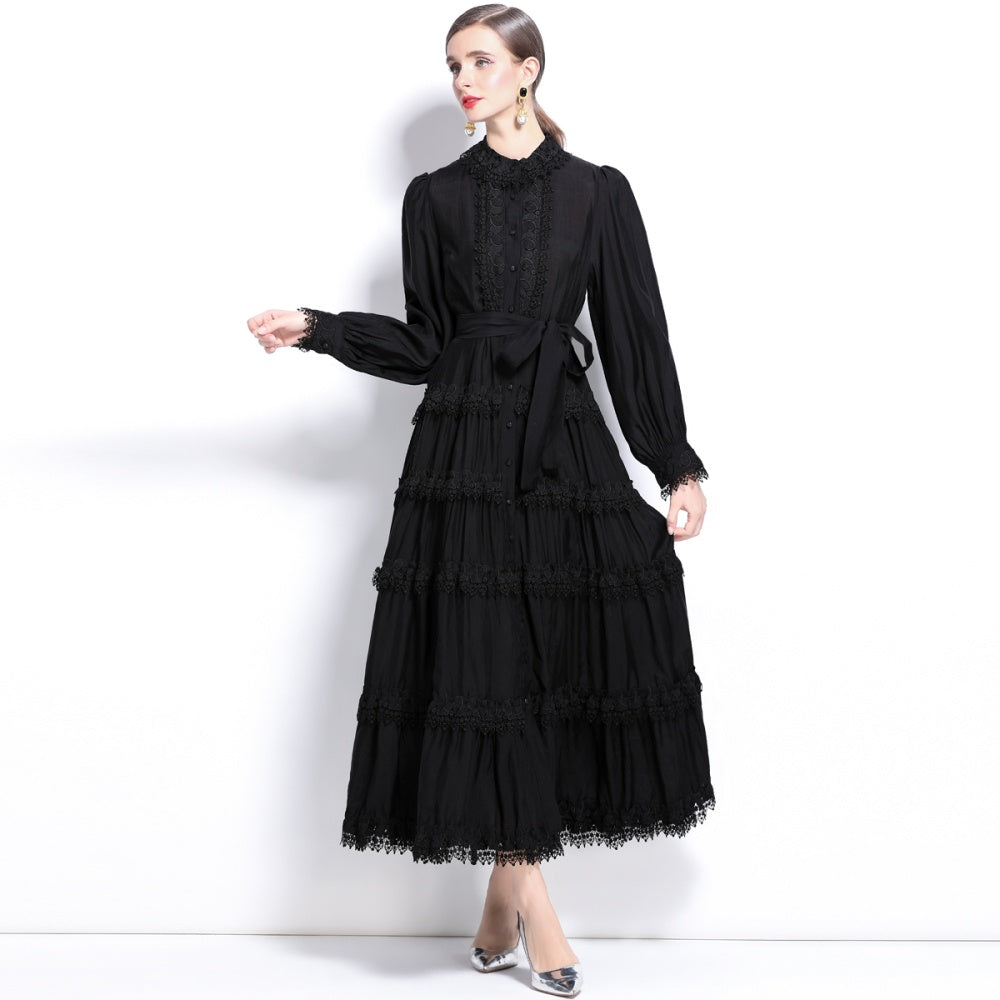 CM-DY024049 Women Elegant European Style Lotus Leaf Collar Long Sleeve Lace Dress - Black