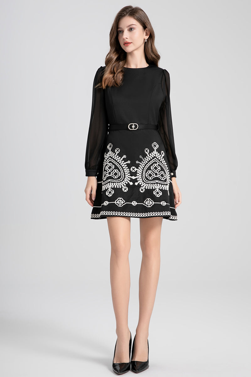 CM-DY024108 Women Elegant European Style Round Neck Long Sleeve High Waist Slim Mini Dress - Black