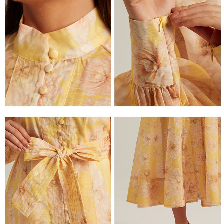 CM-DY024974 Women Elegant European Style Floral Stand Collar Long Sleeve Maxi Dress