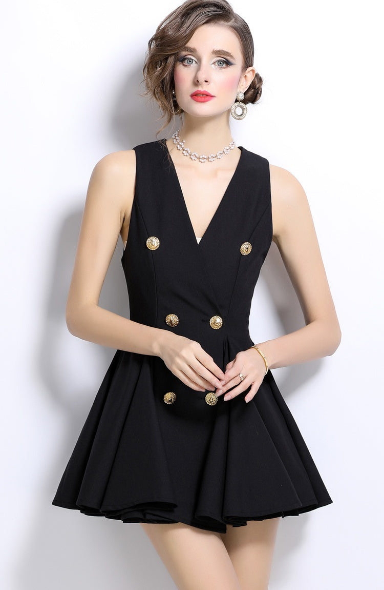 CM-DY024986 Women Elegant European Style V-Neck Double-Breasted Sleeveless Mini Dress - Black