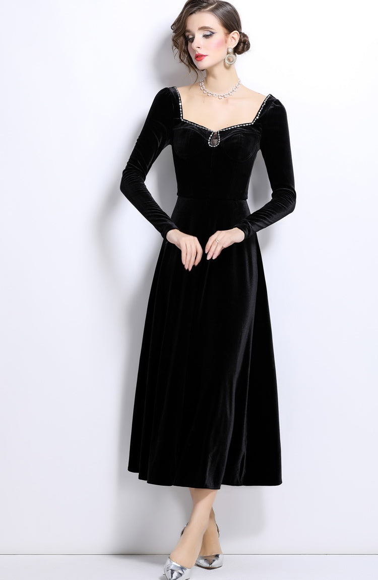 CM-DY024989 Women Elegant European Style Square Collar Drape Long A-Line Dress - Black