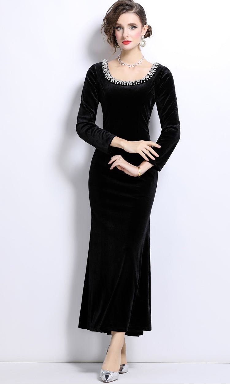 CM-DY024990 Women Elegant European Syle Rund Neck Long Sleeve Slim Mermaid Dress - Black