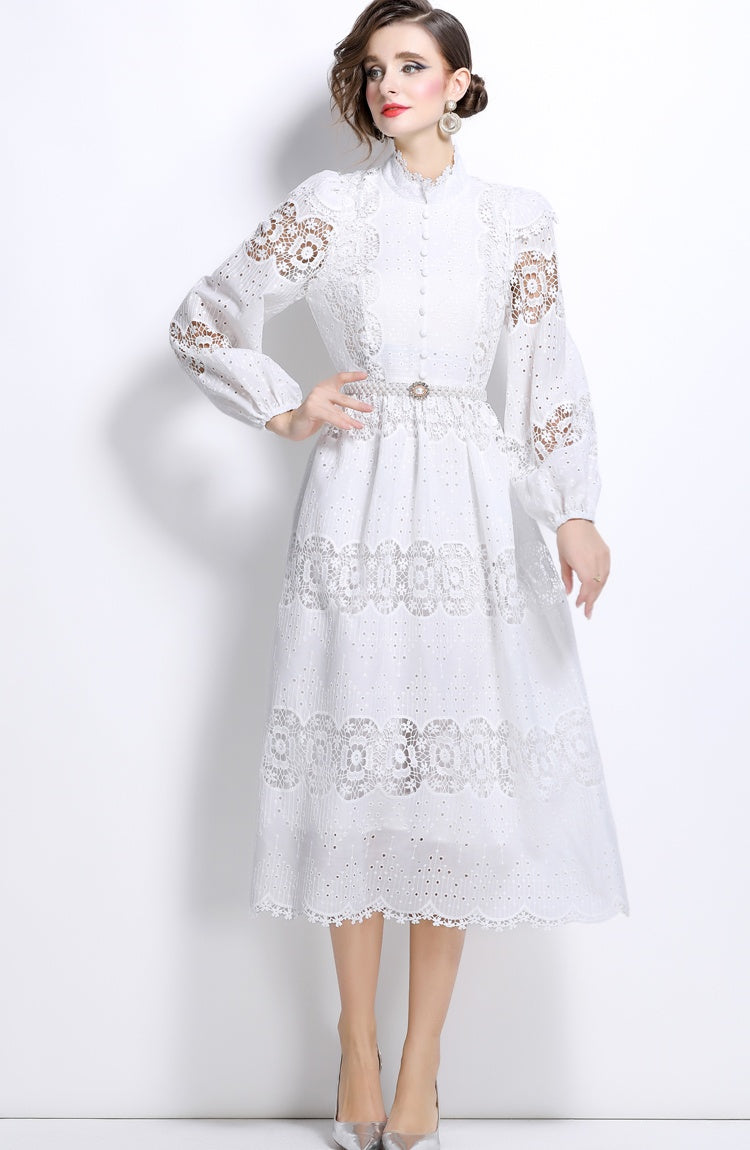 CM-DY025051 Women Elegant European Style Hollow Lace Pearl Belted Puff Sleeve Long Dress - White
