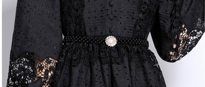 CM-DY025052 Women Elegangt European Style Stand Collar Lace Pearl Decor Long Sleeve Dress - Black