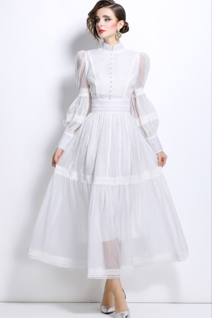 CM-DY025053 Women Elegant European Style Stand Collar Long Sleeve Pinched Waist Slim Dress