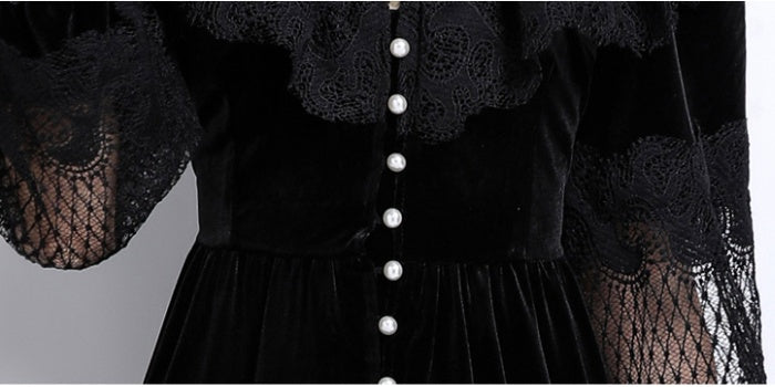 CM-DY025055 Women Elegant European Style Stand Collar Long Sleeve Pearl Buckle Lace Velvet Dress