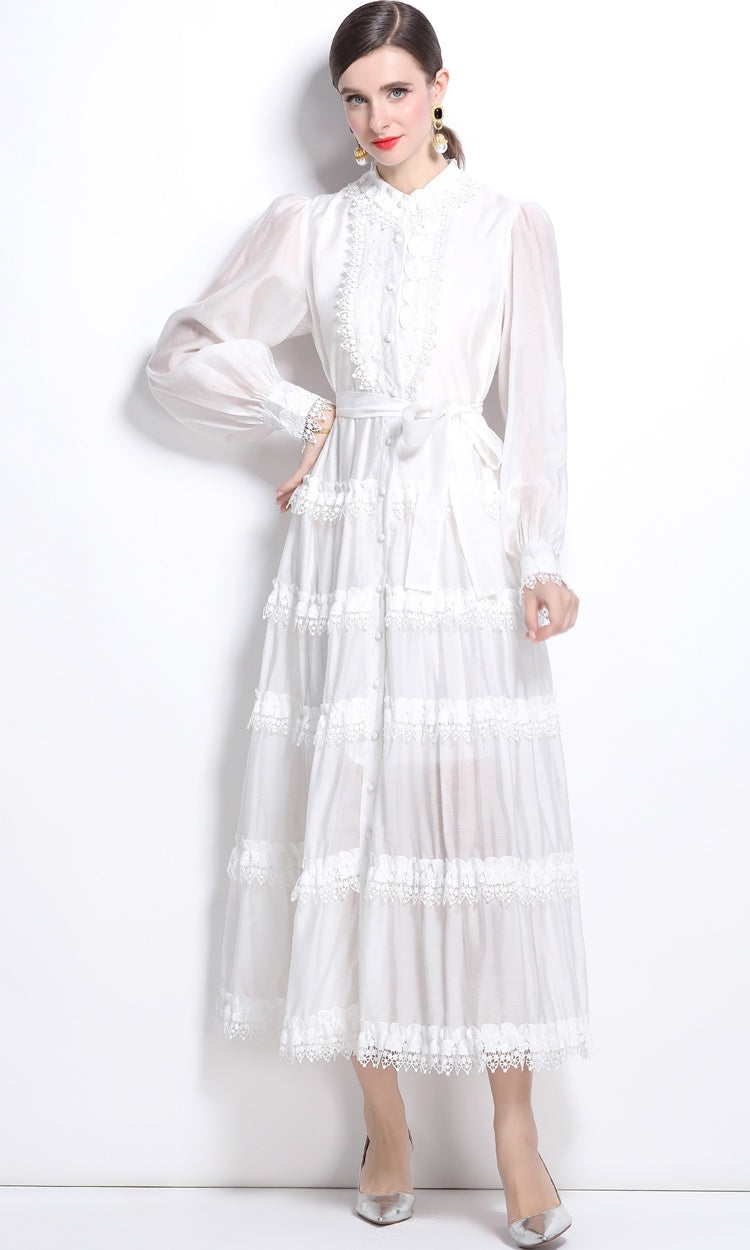 CM-DY025057 Women Elegant European Style Stand Collar Long Sleeve Lace Maxi Dress - White