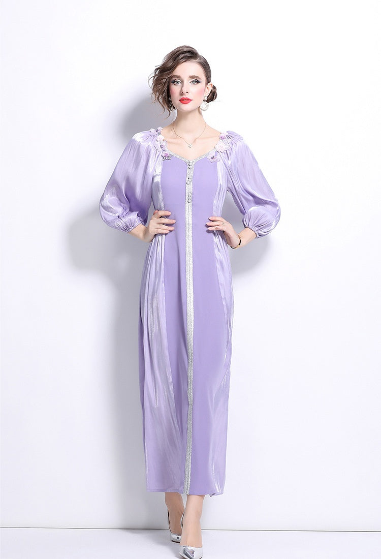 CM-DY025059 Women Elegant European Style Horizontal Collar Puff Sleeve High Waist Slim Dress