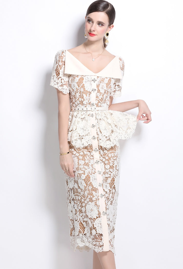 CM-DY025190 Women Elegant European Style V-Neck Short Sleeve Belt Mini Dress - Beige