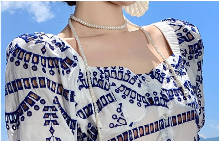 CM-DY025882 Women Trendy Bohemain Style Embroidery Square Collar Short Sleeve Maxi Dress