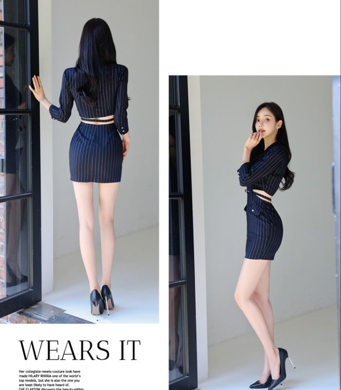 CM-DY026069 Women Elegant Seoul Style Stripe Collar Neckline 3/4 Sleeve Mini Dress