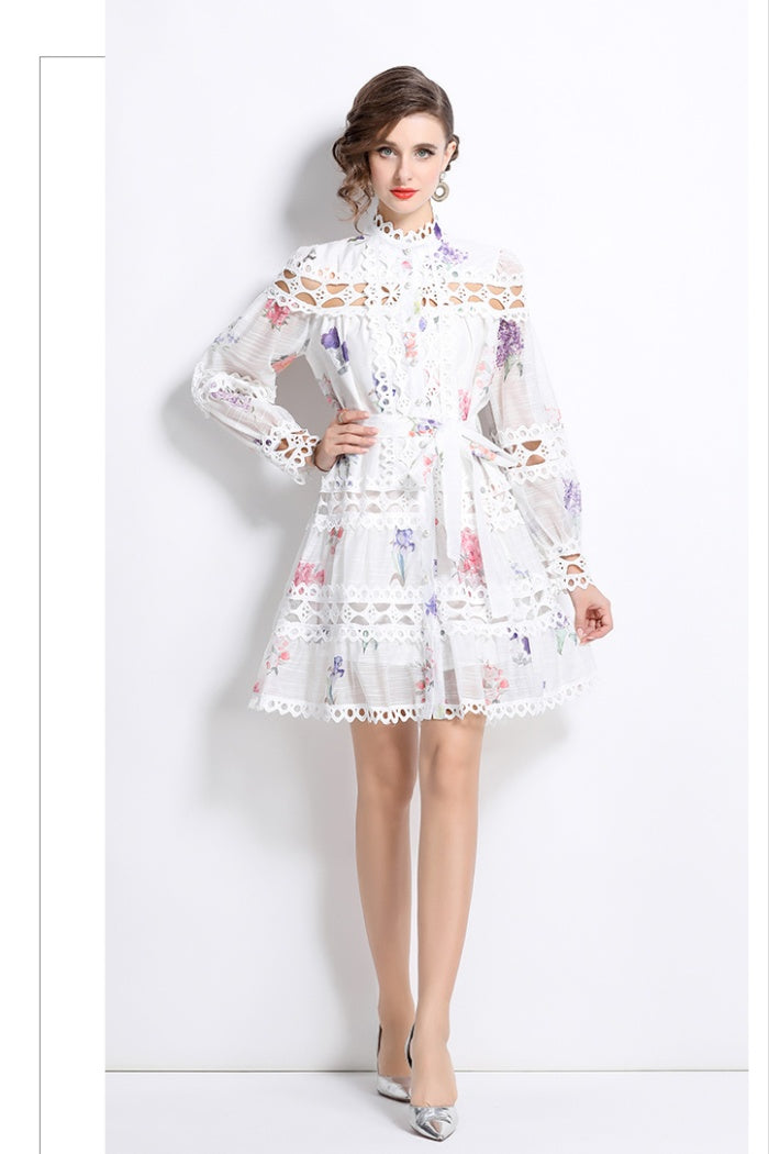 CM-DY026197 Women Elegant European Style Stand Collar Floral Print Single-Breasted Mini Dress (Available in 2 colors)