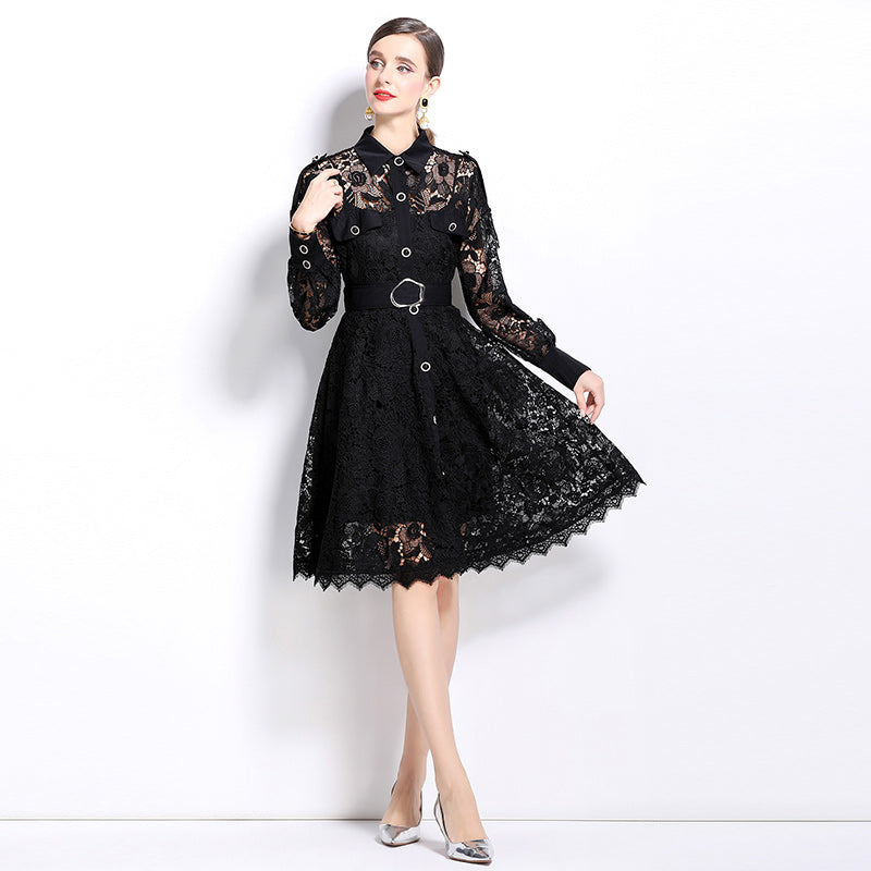 CM-DY026201 Women Elegant European Style Collar Neckline Long Sleeve Hollow Dress - Black