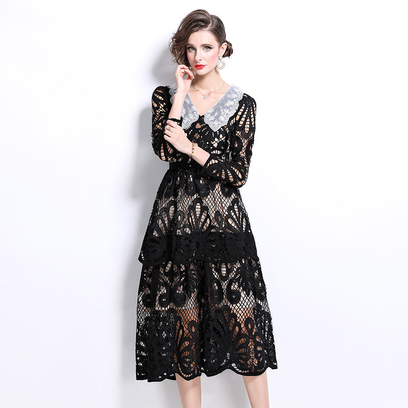 CM-DY026204 Women Elegant European Style V-Neck Long Sleeve Embroidered Cupcake Dress - Black