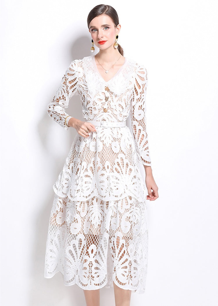 CM-DY026205 Women Elegant European Style V-Neck Embroidered Pinched Waist Cupcake Dress - White
