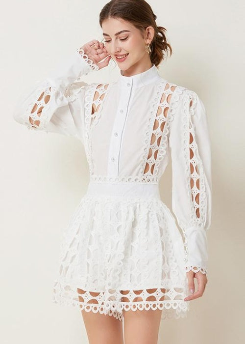 CM-SY026365 Women Elegant European Style Hollow Out Long Sleeve Top With High Waist Shorts - Set (Available in 2 colors)