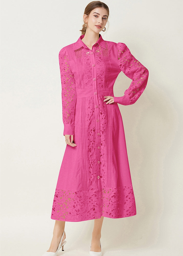 CM-DY027268 Women Elegant European Style Hollow Lace Lapel Long Sleeve Maxi Dress (Available in 3 colors)