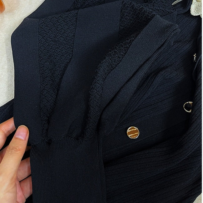 CM-DY027631 Women Elegant Seoul Style Doll Collar Long Sleeve Slim Knitted Midi Dress - Black