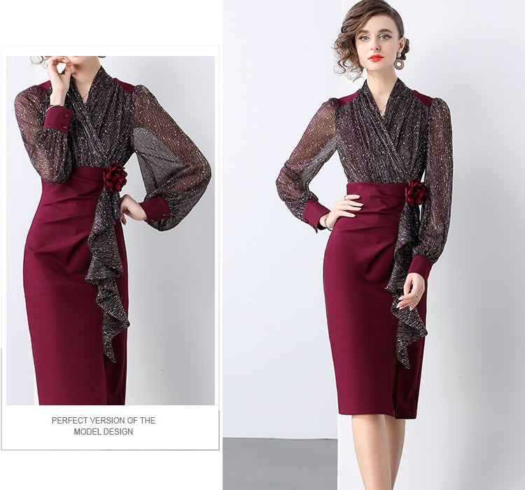 CM-DY028608 Women Elegant European Style V-Neck Long Sleeve Medium Waist Slim Midi Dress