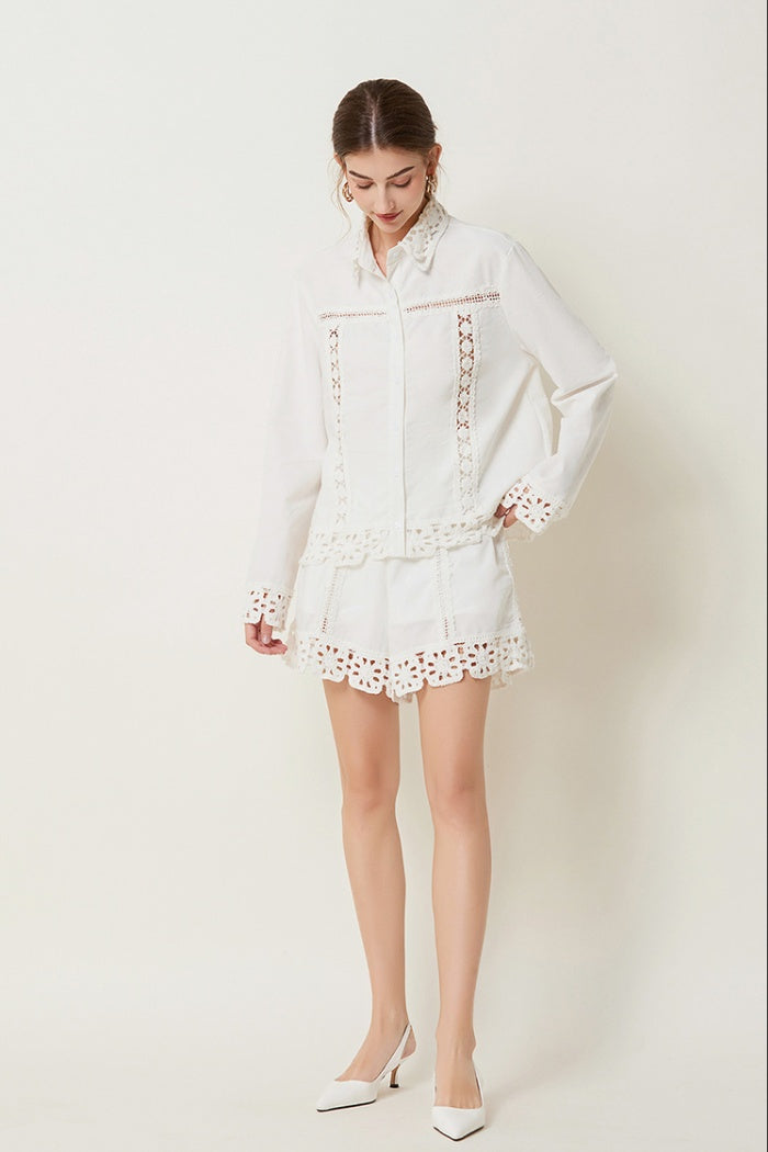 CM-SY029969 Women Elegant European Style Collar Neckline Long Sleeve Linen Top With Shorts - Set