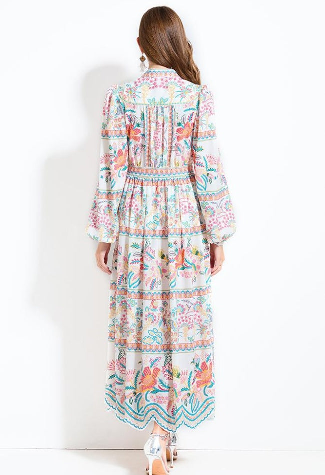 CM-DY030605 Women Trendy Bohemian Style V-Neck Long Sleeve Pinched Waist Cupcake Dress - White
