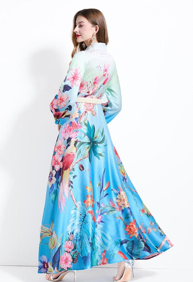 CM-DY030608 Women Elegant European Style Floral Print Stand Collar Lantern Sleeve Maxi Dress