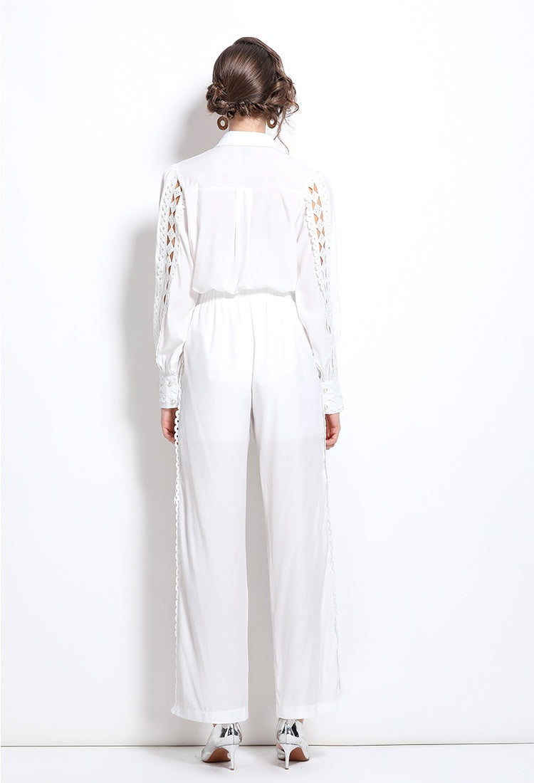 CM-SY030832 Women Elegant European Style Hollow Collar Neckline Long Sleeve With High Waist Pants - Set (Available in 2 colors)
