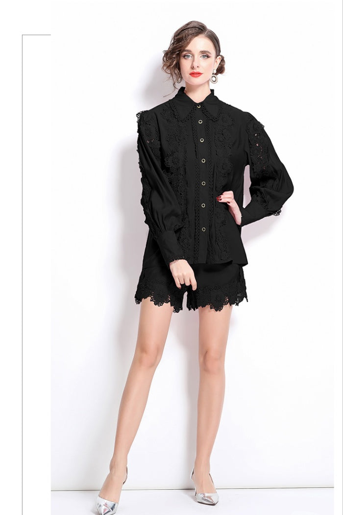 CM-SY030833 Women Elegant European Style Collar Neckline Long Sleeve Embroidery Lace Blouse With Shorts (Available in 3 colors)