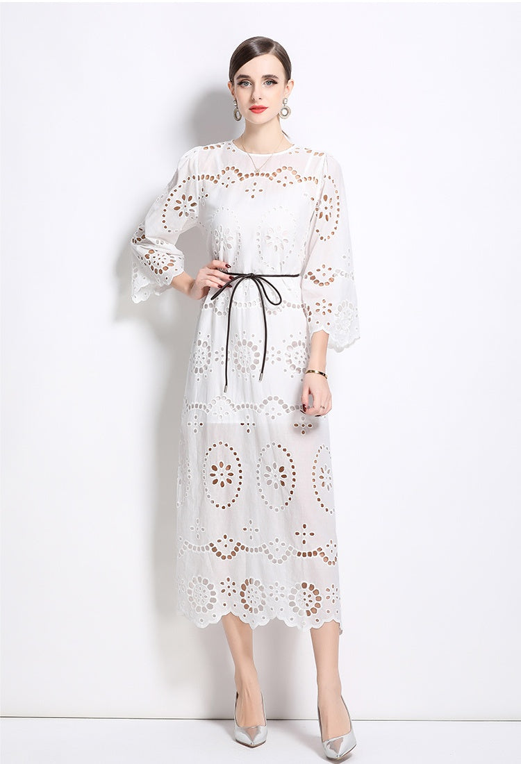 CM-DY031451 Women Elegant European Style Round Neck 3/4 Sleeve Pinched Waist Dress - White
