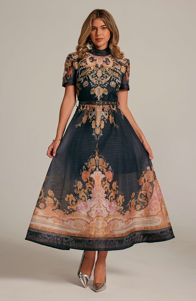 CM-DY032041 Women Retro European Style Stand Collar Short Sleeve All-Over Print Long Dress - Black