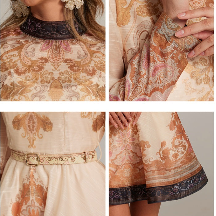CM-DY032042 Women Elegant European Style Stand Collar Long Sleeve All-Over Print Mini Dress - Apricot