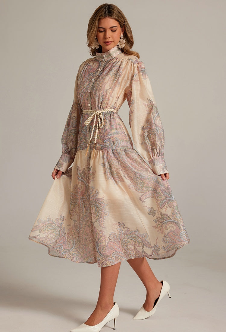 CM-DY032043 Women Elegant European Style Stand Collar Lantern Sleeve Belted Long Dress - Apricot