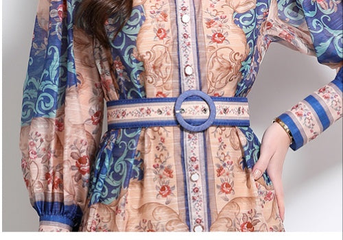 CM-DY032098 Women Elegant European Style Stand Collar Lantern Sleeve Single-Breasted Maxi Dress - Blue