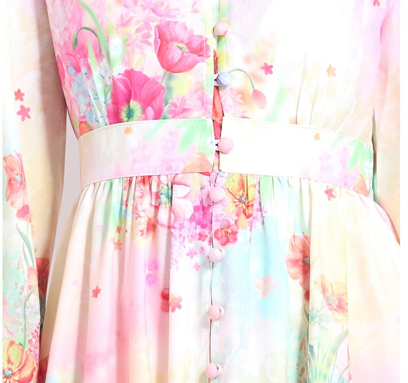 CM-DY032119 Women Elegant European Style Floral Print V-Neck Long Sleeve Pinched Waist Long Dress