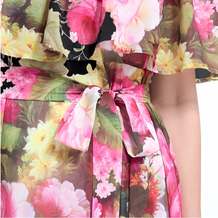 CM-DY032126 Women Trendy Bohemian Style Floral Print Off The Shoulder Pinched Waist Long Dress - Black