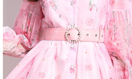 CM-DY032214 Women Elegant European Style Floral Print V-Neck Long Sleeve Medium Waist Maxi Dress - Pink