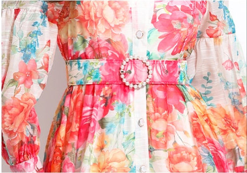 CM-DY032215 Women Elegant European Style Floral Print Round Neck Trumpet Sleeve Maxi Dress - Apricot