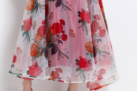 CM-DY032235 Women Elegant European Style Horizontal Collar Sleeveless Organza Floral Maxi Dress - Red