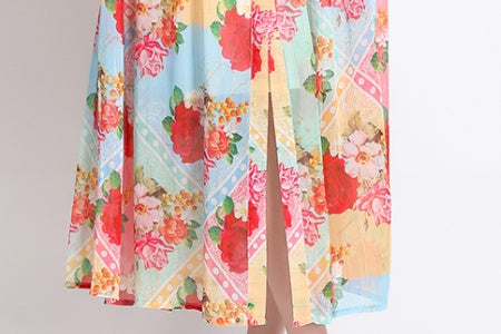 CM-DY032351 Women Elegant European Style Stand Collar Lantern Sleeve Floral Print Ruffle Midi Dress