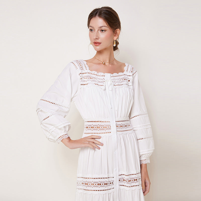CM-DY032699 Women Elegant European Style Square Neckline Long Sleeve Hollow Maxi Dress