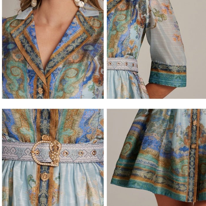 CM-DY033311 Women Elegant European Style Suit Collar Single-Breasted Half Sleeve Dress