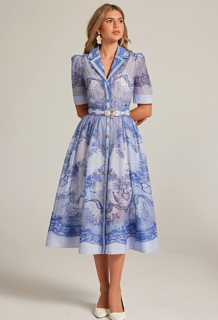CM-DY033314 Women Elegant European Style Suit Collar Short Sleeve Belted Mid-Length Dress - Blue