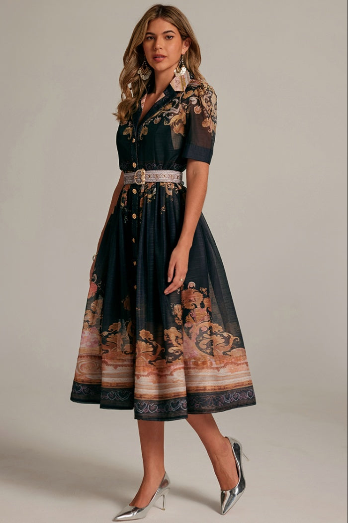 CM-DY033315 Women Elegant European Style Lapel Neckline Half Sleeve Mid-Length Dress - Black