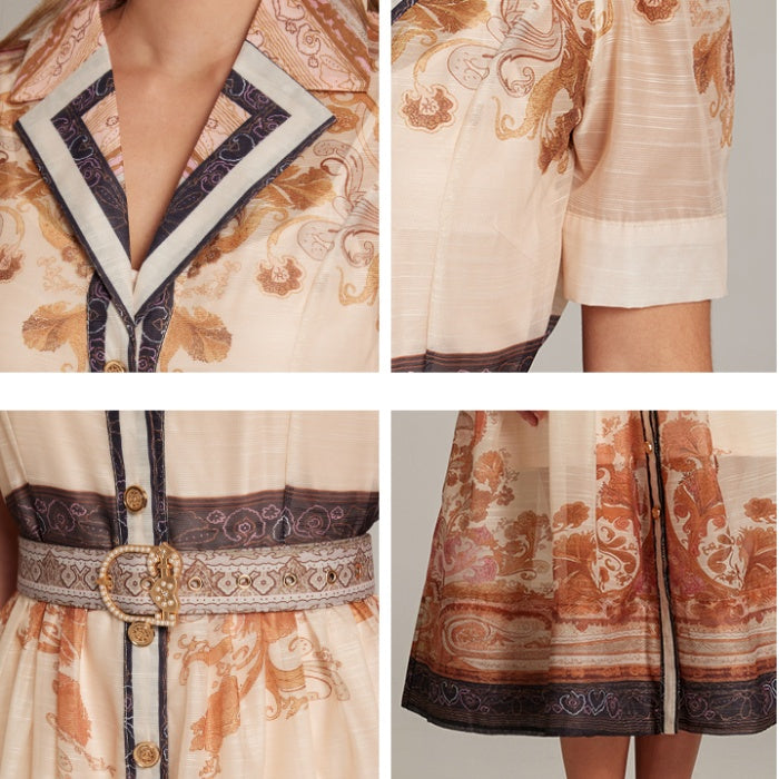CM-DY033315 Women Elegant European Style Lapel Neckline Half Sleeve Mid-Length Dress - Apricot