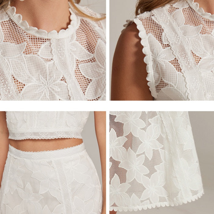 CM-SY034176 Women Elegant European Style Hollow Round Neck Sleeveless Blouse With High Waist Midi Skirt - Set