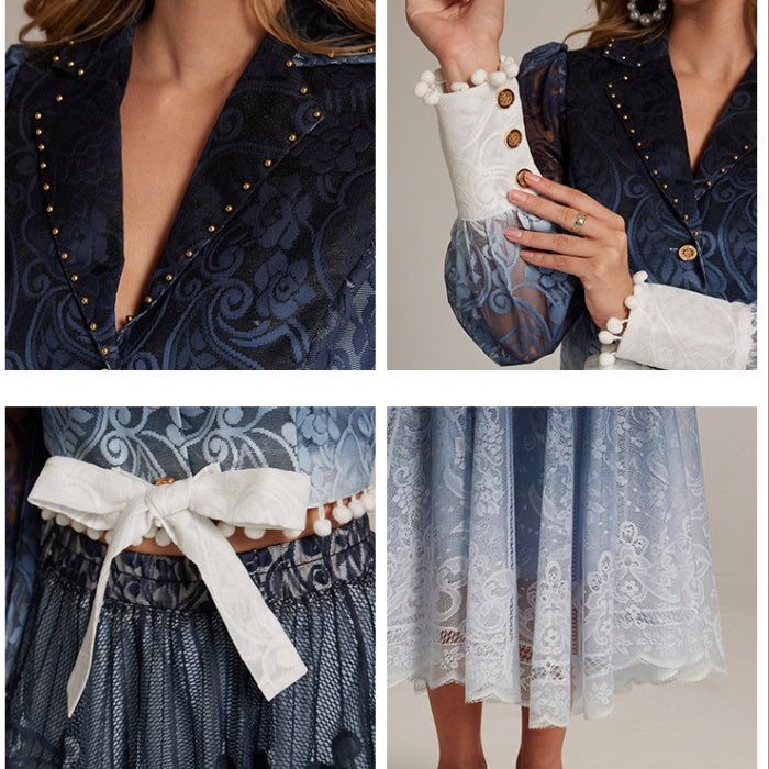 CM-SY034177 Women Elegant European Style Suit Collar Long Sleeve Blouse With High Waist Midi Skirt - Set