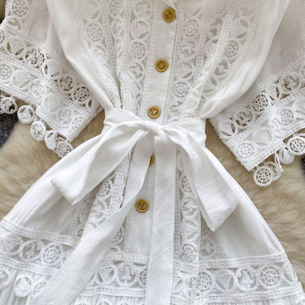 CM-DY034302 Women Elegant European Style Collar Neckline Short Sleeve Mid-Length Dress (Available in 4 colors)